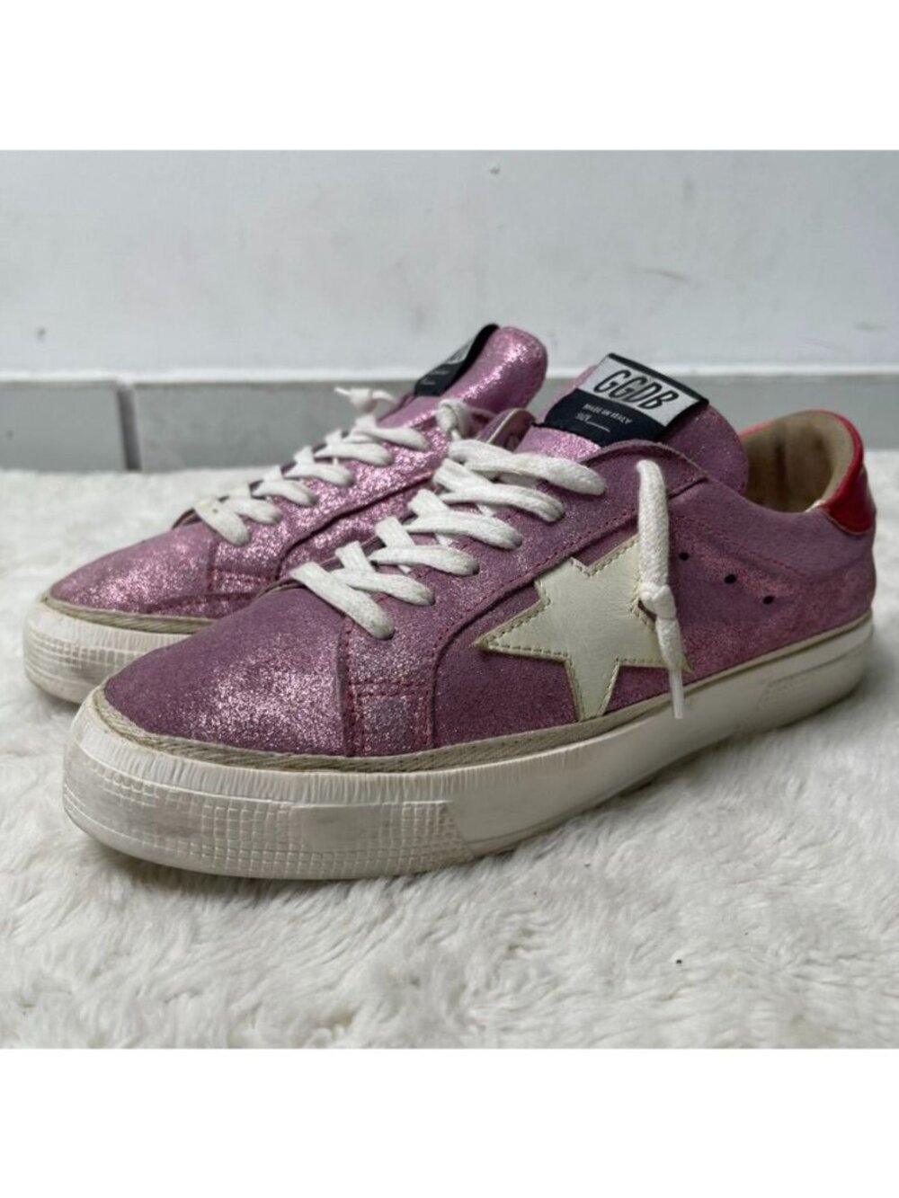Authentic Golden Goose May Pink Glitter White Star Leather Sneakers Womens 38